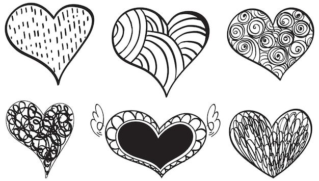 Set of different hand drawn hearts