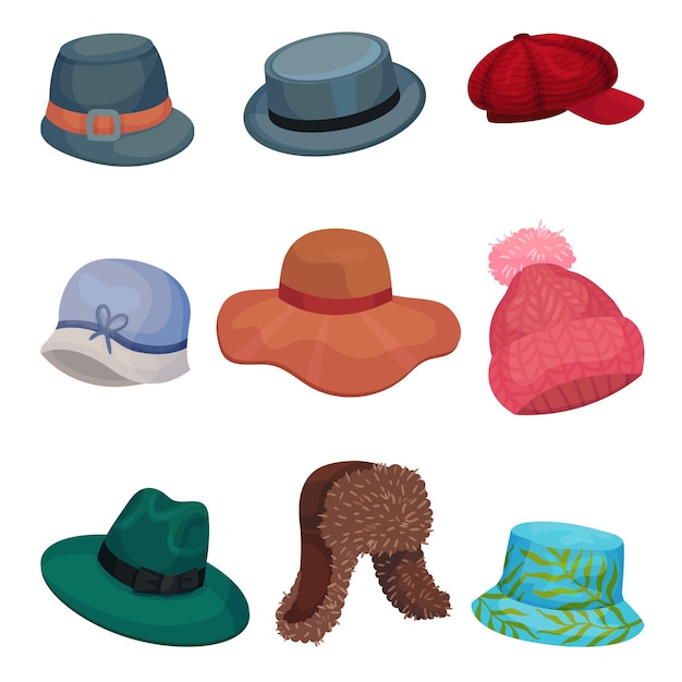 Set di cappelli diversi illustrazione vettoriale su sfondo bianco