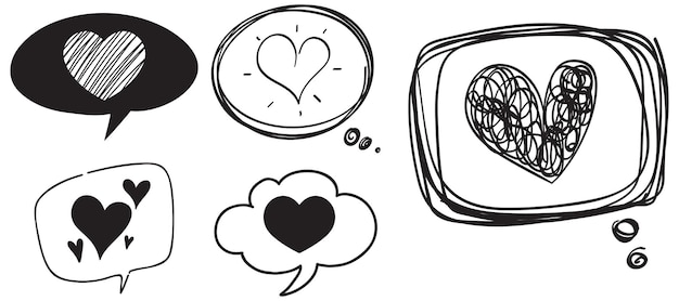 Vector set of different hearts in doodle style