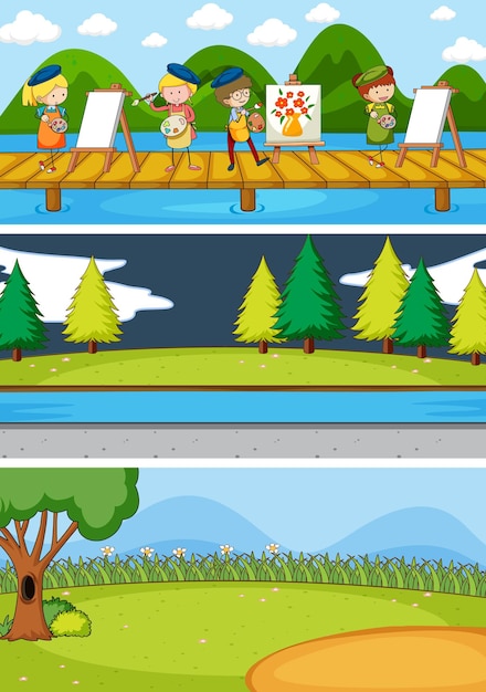 Set di diverse scene dell'orizzonte con il personaggio dei cartoni animati di doodle kids