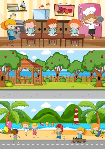 Set of different horizontal scenes background with doodle kids cartoon character