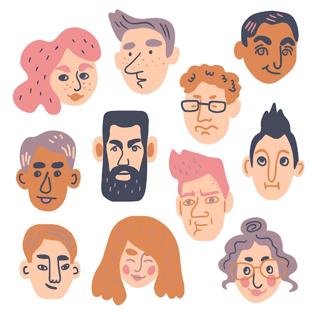 Set of different human faces with various expressions Doodle style hand drawn vector illustration