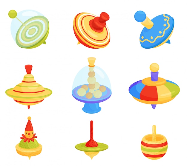 Vector set of different humming top icons. children whirligig toys. kids development game