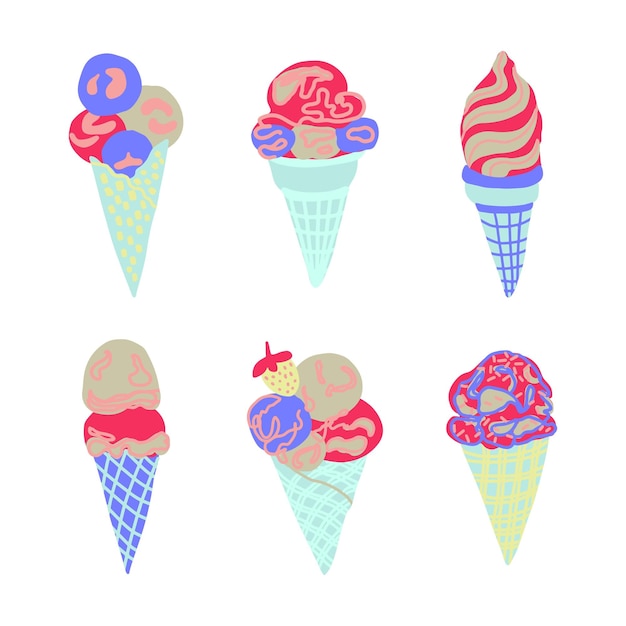 Set of different ice cream cones with different flavour sprinkles glazing vector illustration