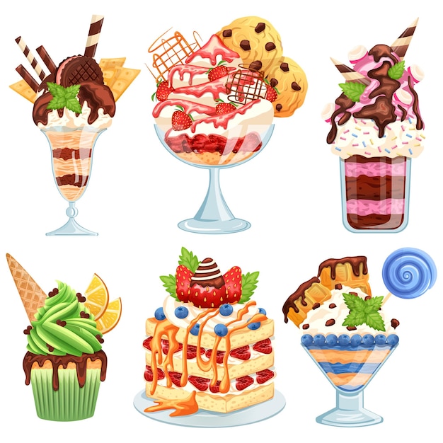 Vettore set di diversi dessert gelato illustrazione vettoriale in stile cartone animato