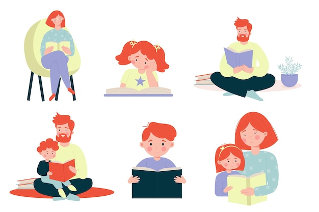 Set of different illustration of parents and children reading a book Vector