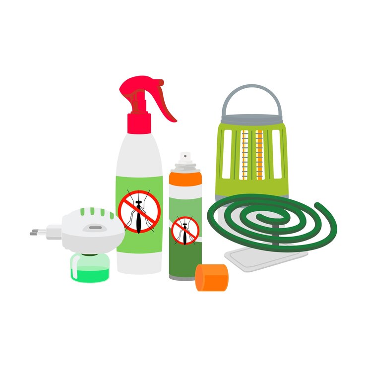 Vector set of different insect sprayers in cartoon style vector illustration of antimosquito sprays electro fumigator with liquid spray with atomizer can antimosquito lamp coil against mosquitoes