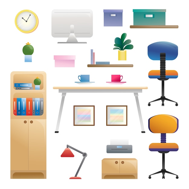 Set of different interior elements. work room.  illustration in  style.