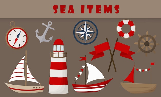 A set of different items including a lighthouse, a ship, a ship, a boat, a ship, a ship and a star.