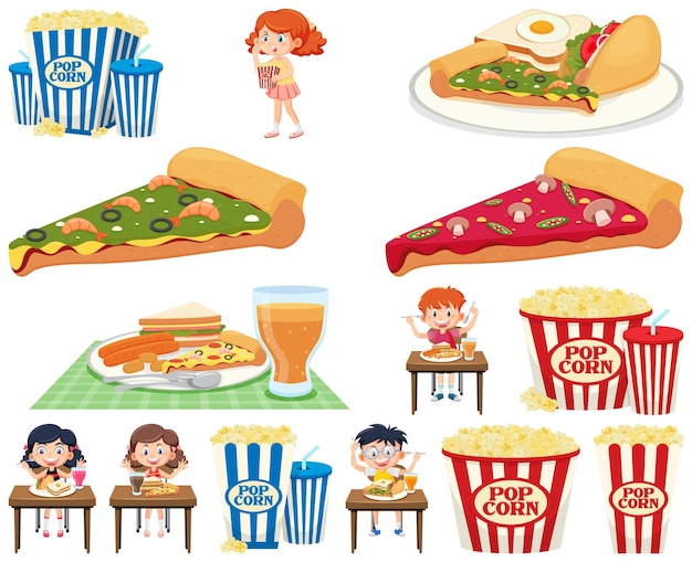 Vector set of different junk foods and kids