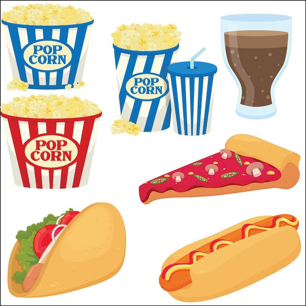 Set of different junk foods and kids