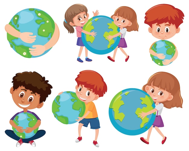 set of different kids holding earth globes