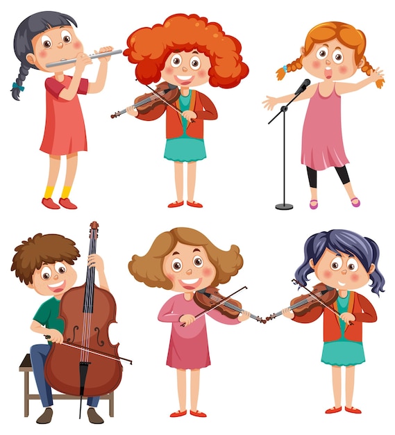 Set of different kids playing music