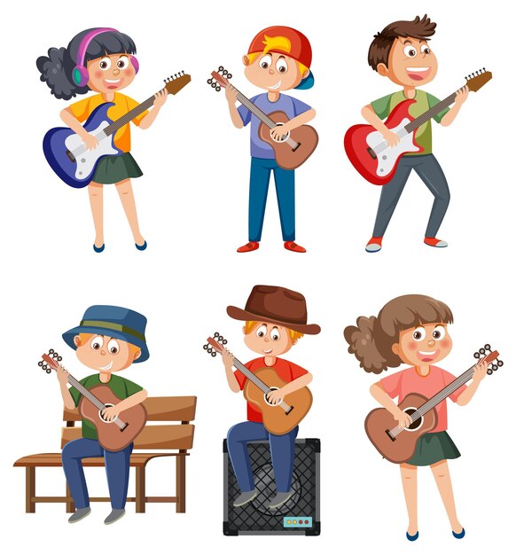 Set of different kids playing music