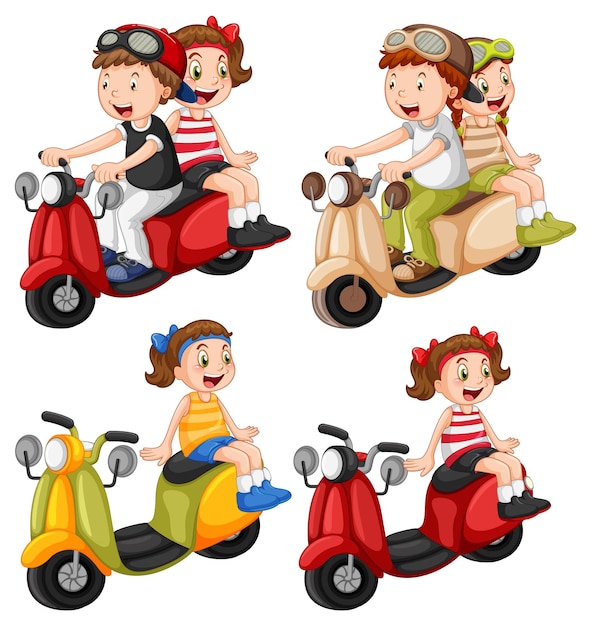 Vector set of different kids riding motorcycle