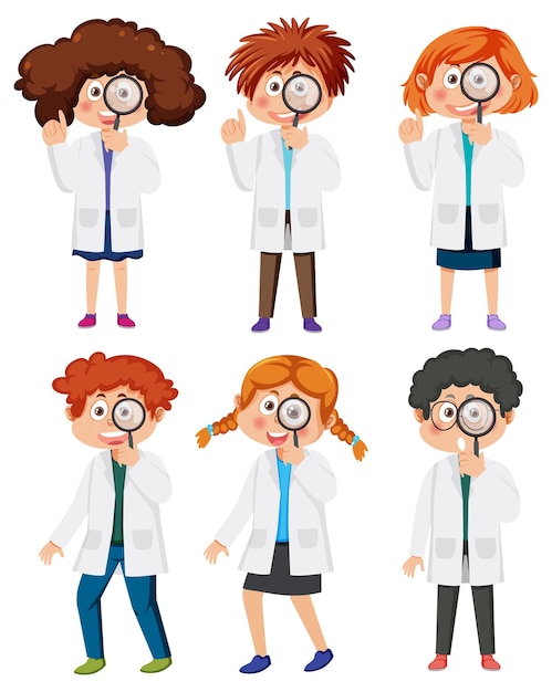 Set of different kids in scientist outfits