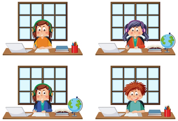 Vector set of different kids using laptop