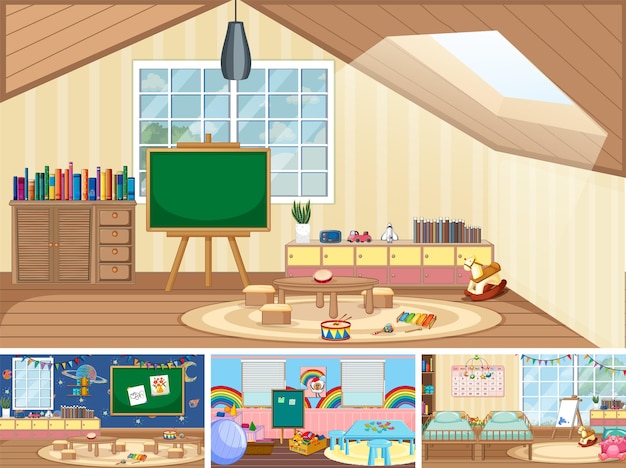 Vector set of different kindergarten classroom scenes