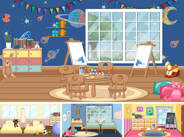 Set of different kindergarten classroom scenes