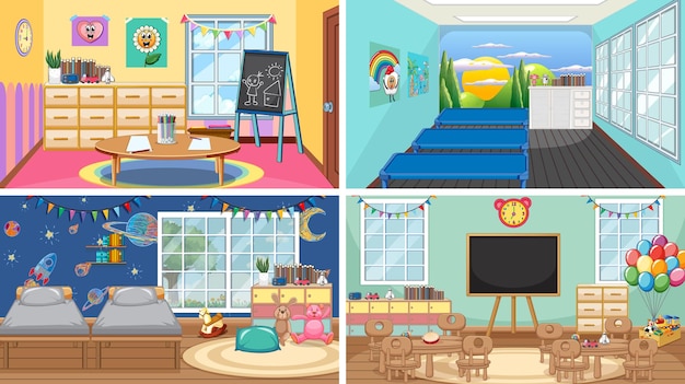 Set of different kindergarten classroom scenes