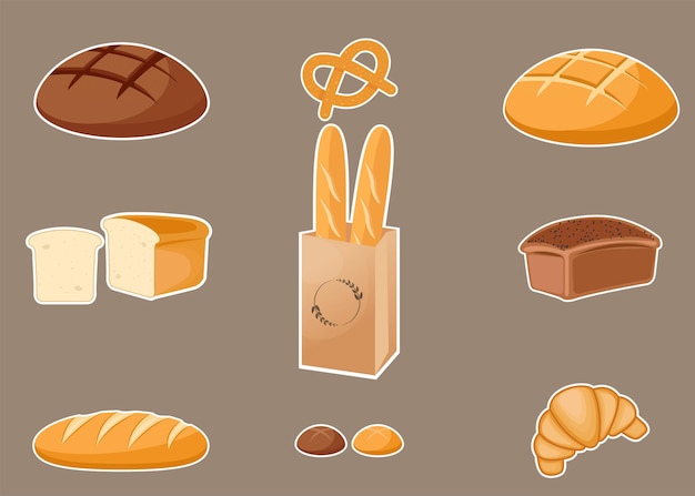 set different kinds of bread. Pastry products, bread loaf, french baguette, and croissant.