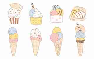 Vector set of different kinds of ice cream in retro style hand drawn food illustration