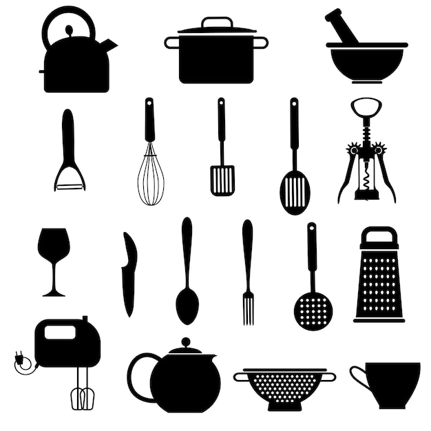 Set of different kitchen elements silhouette vector illustration