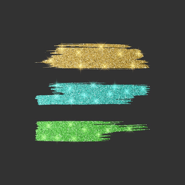 Set di pennelli di linea diversa. collezione di pennelli glitter di colori verdi, blu e dorati, illustrazione