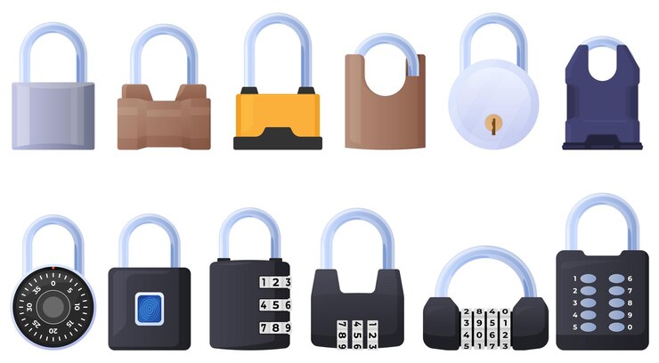 Vector set of different locks code lock protect your property safe closing of the room vector illustration ...
