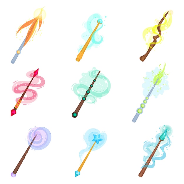 Vector set of different magic wands sticks with magical glow witchcraft theme graphic elements for mobile game or story book colorful vector illustrations in flat style isolated on white background