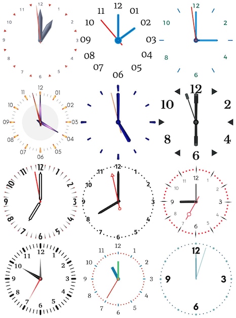 A set of different mechanical clocks with an image of each of the twelve hours Clock face on white backgroundxA