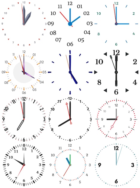 Vettore un set di diversi orologi meccanici con un'immagine di ciascuna delle dodici ore quadrante dell'orologio su sfondo biancoxa