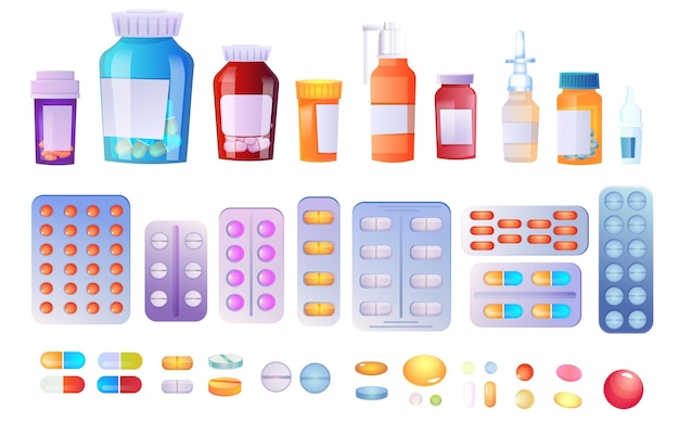 Set of different medical pills and bottles isolated on white background Icon for Healthcare and shopping concept Online shop pharmacy web sign Drug store Vector illustration in flat style