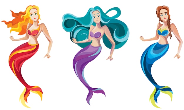 Vettore set di diverse sirene. personaggi femminili in stile cartone animato.