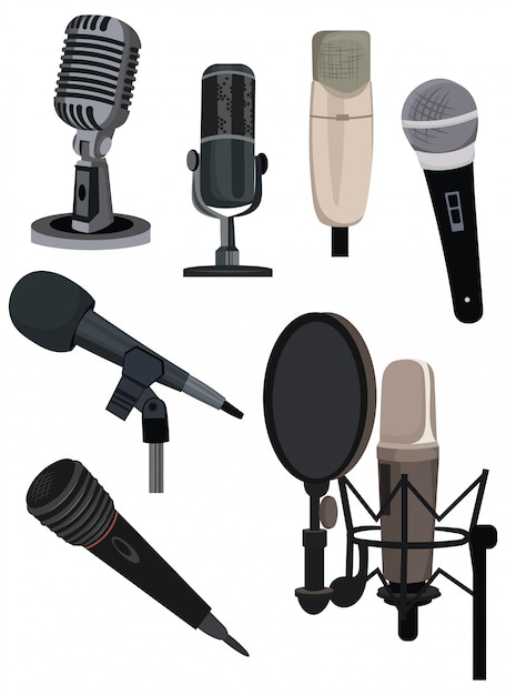 Set of different microphones. collection of devices for audio podcast, broadcast or music recording.