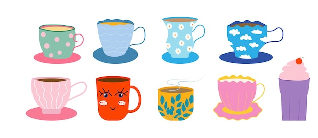 Set of different modern decorated cups vector flat illustration