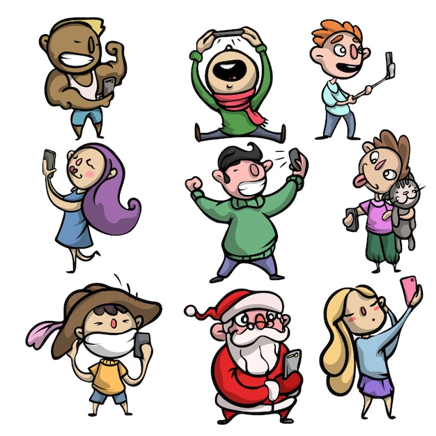 Vector set of different modern people characters that doing selfie