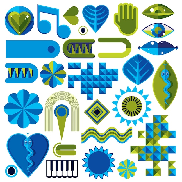 Set of different modernistic vector symbols can be used in corporate and web design. conceptual icons collection created in nature and music theme, body and face parts