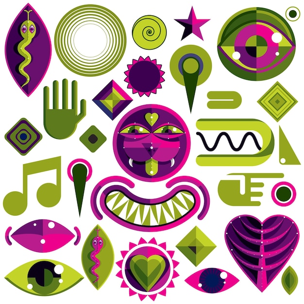 Vector set of different modernistic vector symbols can be used in corporate and web design. conceptual icons collection created in nature and music theme, body and face parts.