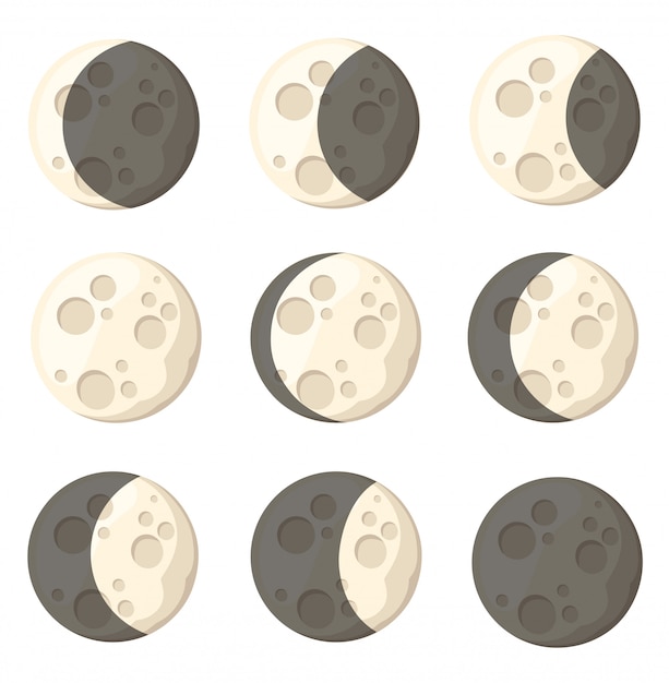Vettore set di diverse fasi lunari oggetto spaziale satellite naturale della terra illustrazione sulla pagina del sito web sfondo bianco e app mobile
