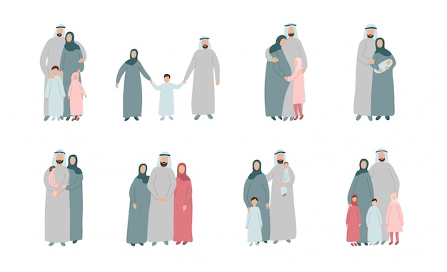 Vector set of different muslim families. arabian parents with kids in traditional islamic clothes. cartoon characters isolated on white background