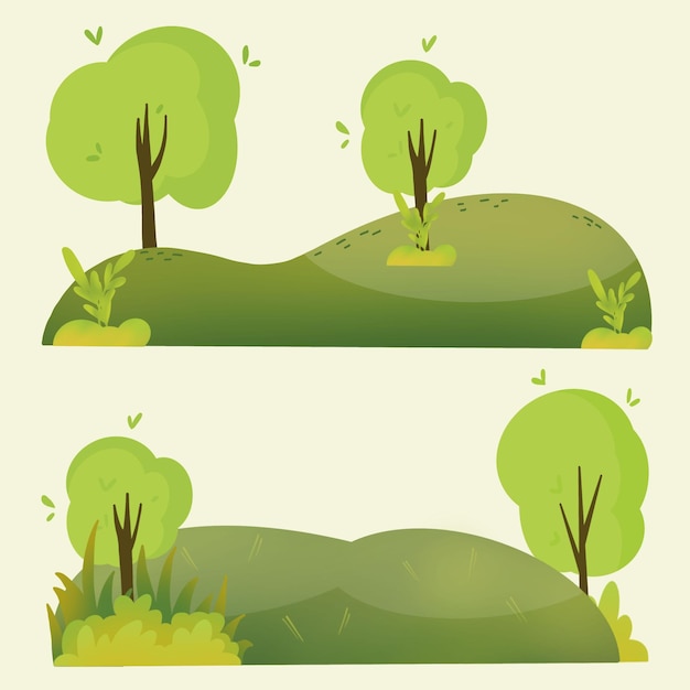 set of different natural garden trees in the grass and hill vector illustration of green botanical