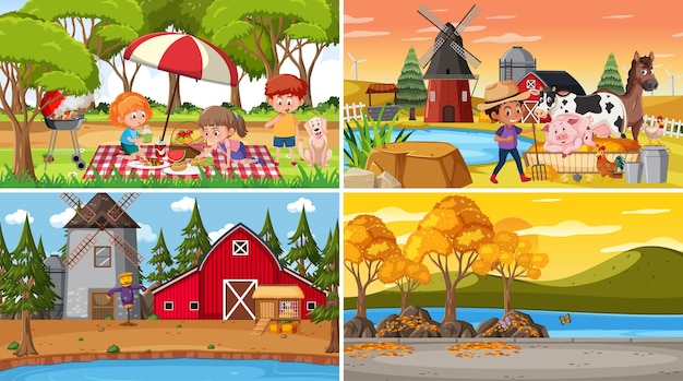 Set of different nature scenes background in cartoon style