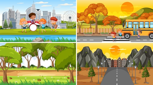 Set of different nature scenes background in cartoon style