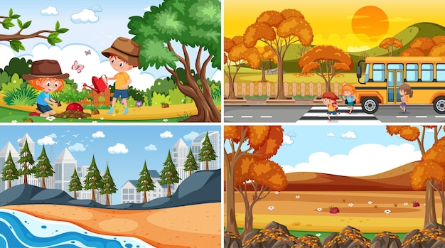 Set of different nature scenes background with people