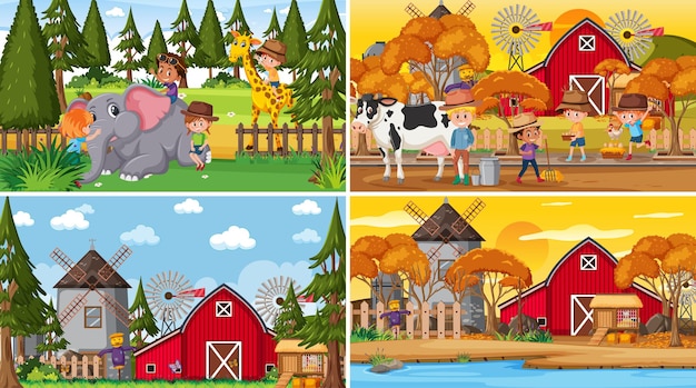 Set of different nature scenes cartoon style