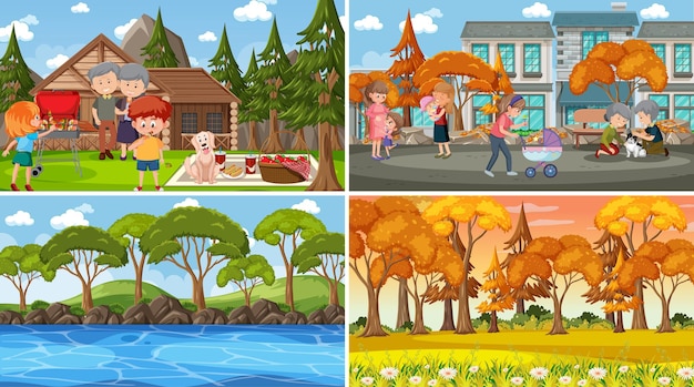 Set di diverse scene della natura in stile cartone animato