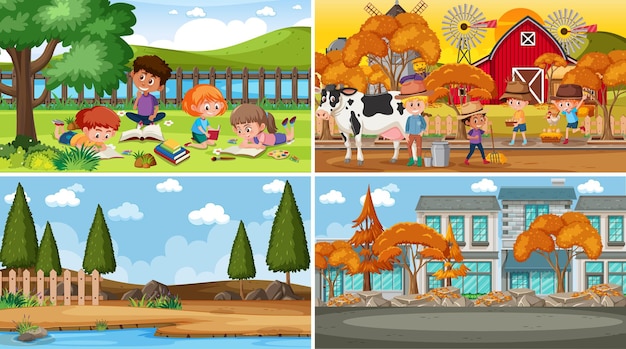 Set of different nature scenes cartoon style