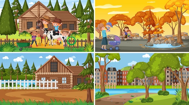 Set di diverse scene della natura in stile cartone animato