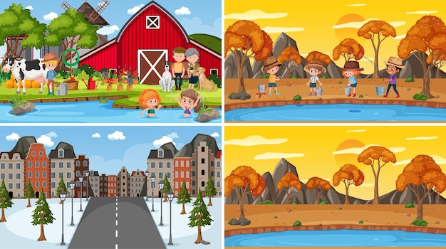 Set of different nature scenes cartoon style